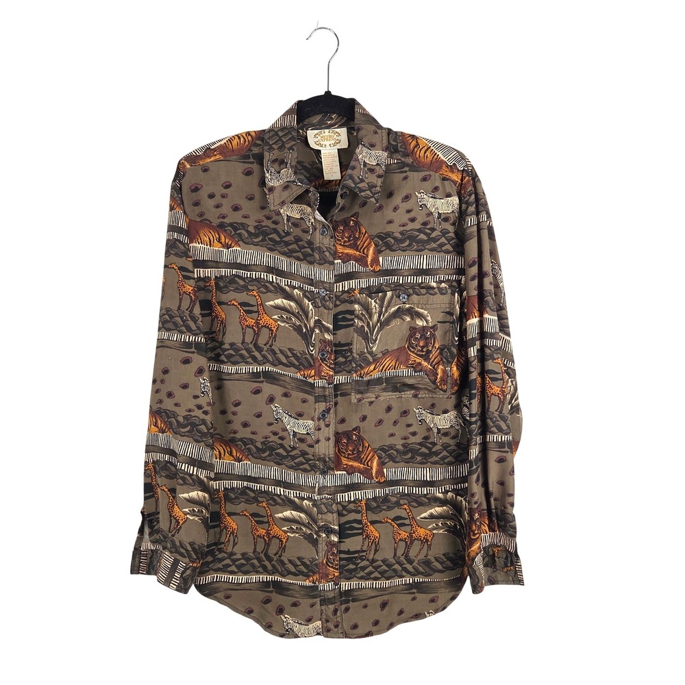 Vtg Metro Express Womens Silk Safari Jungle Animal Print Button Front Shirt S